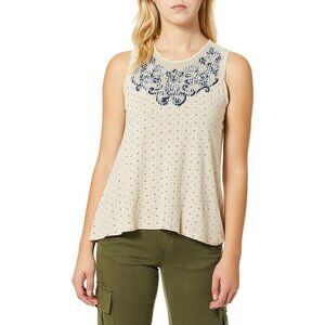 Lucky Brand Tank Top Womens Size XL Linen Blend Beige Blue Applique Diamond Dot